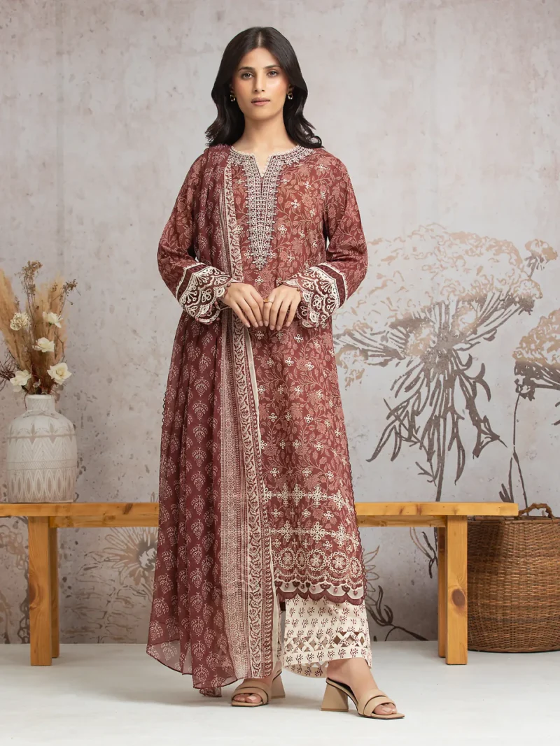 Maroon Embroidered Cambric 3 Piece - SAF30033