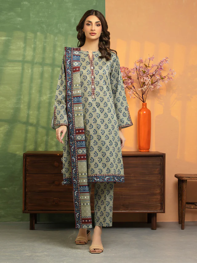 Unstitched Olive Printed Lawn 3 Piece - SAF35186