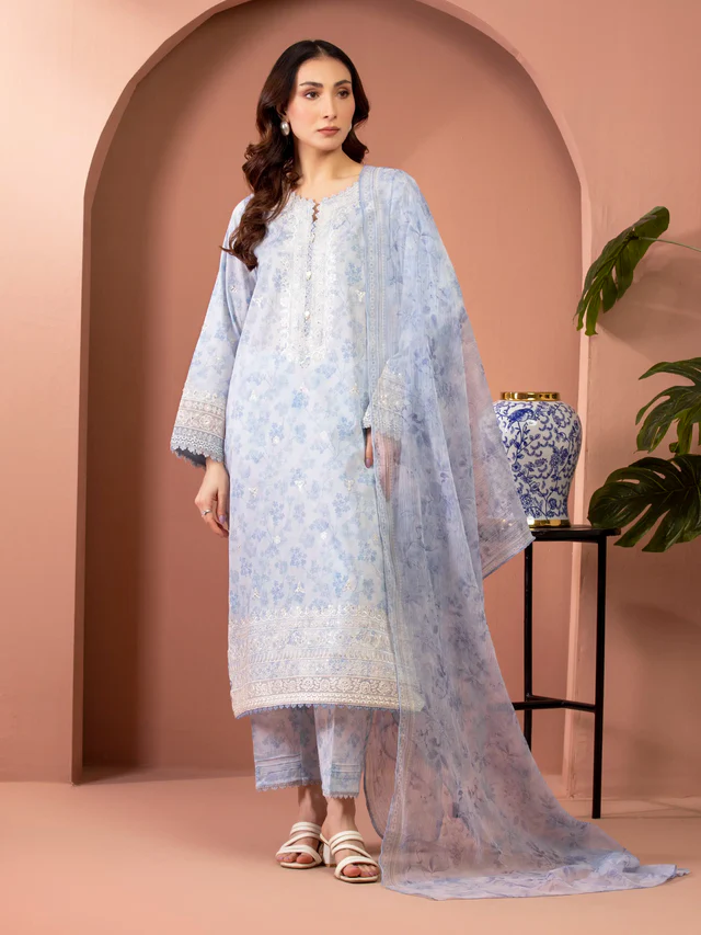 Unstitched Light Blue Embroidered Lawn 3 Piece -SAF31458