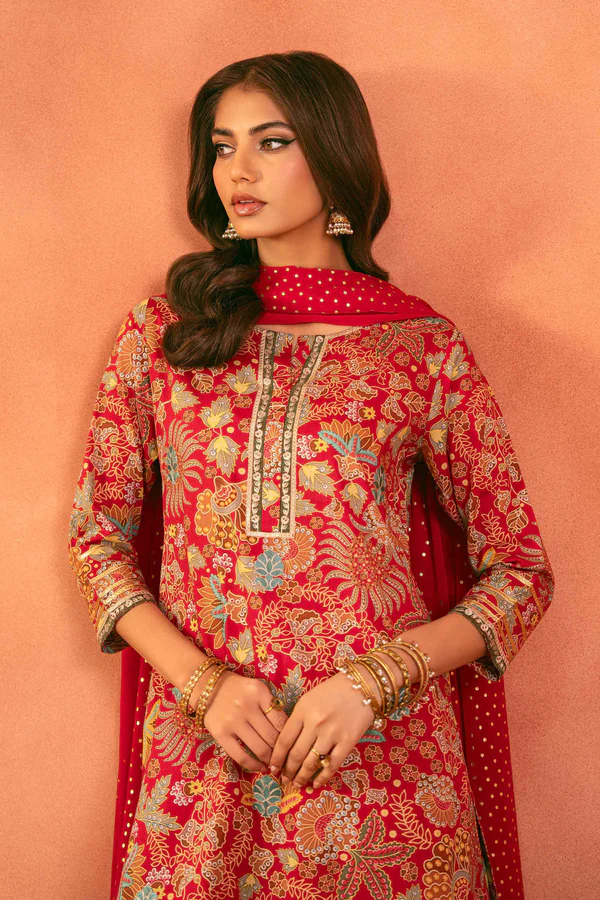 3 Piece - Printed Embroidered Suit - NSKFE25-166