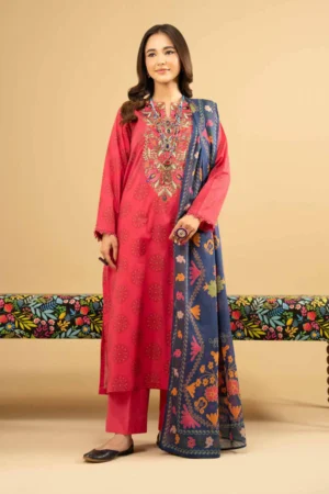 3 Piece - Printed Embroidered Suit - NSPE25-445
