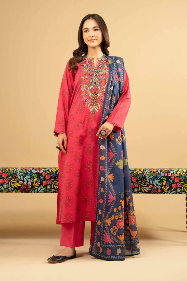 3 Piece - Printed Embroidered Suit - NSPE25-445