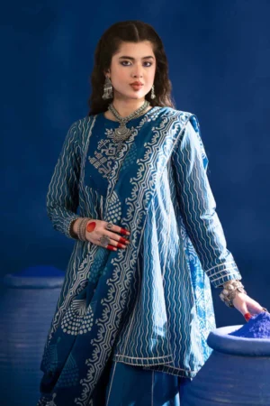 3 Piece - Printed Embroidered Suit - PE25-96 (INDIGO)
