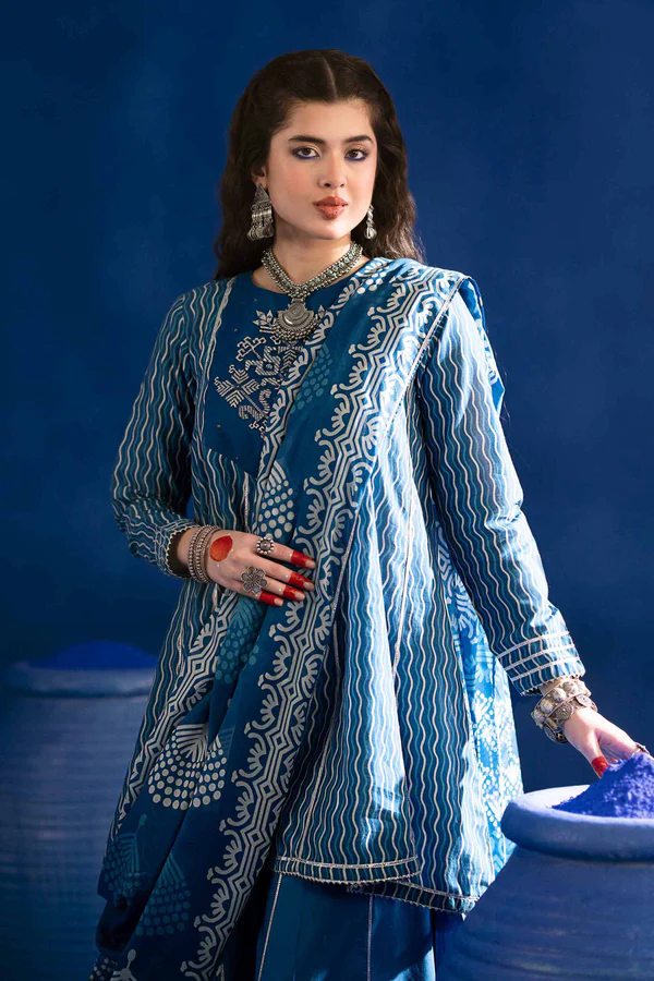 3 Piece - Printed Embroidered Suit - PE25-96 (INDIGO)