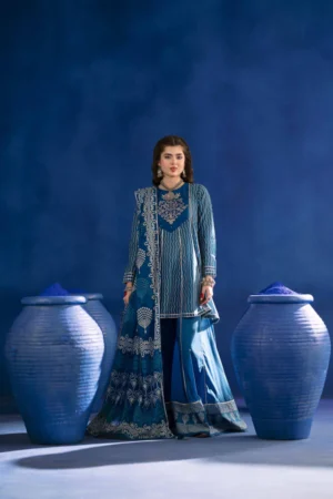 3 Piece - Printed Embroidered Suit - PE25-96 (INDIGO) - Image 2