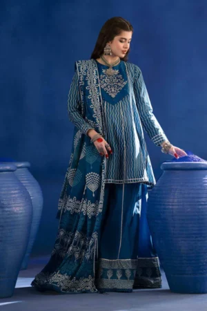 3 Piece - Printed Embroidered Suit - PE25-96 (INDIGO) - Image 3
