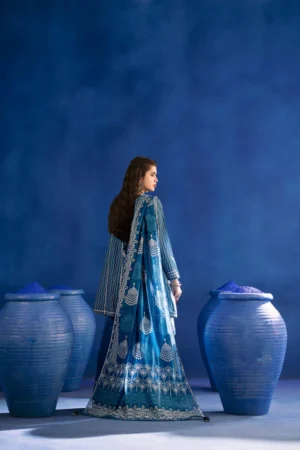 3 Piece - Printed Embroidered Suit - PE25-96 (INDIGO) - Image 4