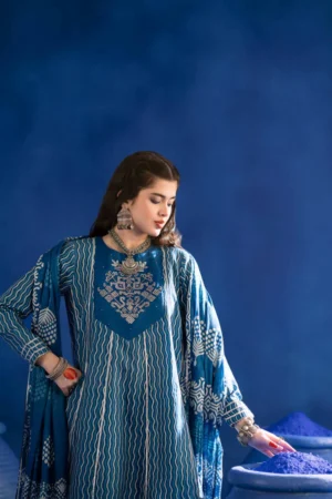 3 Piece - Printed Embroidered Suit - PE25-96 (INDIGO) - Image 5