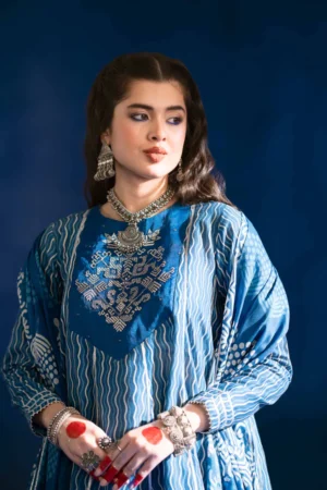 3 Piece - Printed Embroidered Suit - PE25-96 (INDIGO) - Image 6
