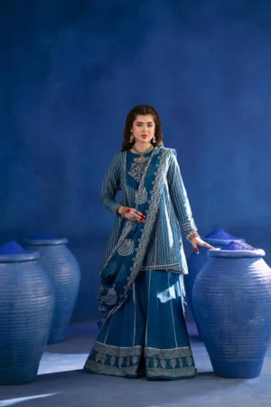 3 Piece - Printed Embroidered Suit - PE25-96 (INDIGO) - Image 7