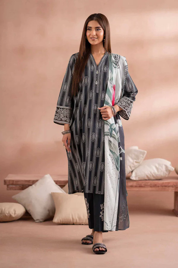 3 Piece - Printed Embroidered Suit - NSPS25-171