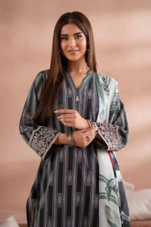 3 Piece - Printed Embroidered Suit - NSPS25-171 - Image 3