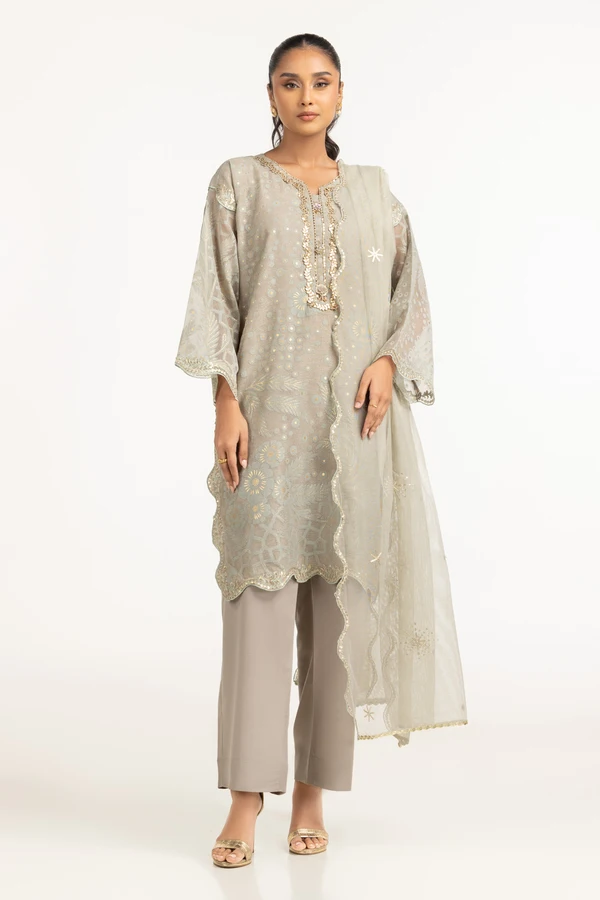 Poly Net Burnout Embroidered Shirt And Trouser IDIPST-44332